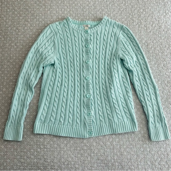 L.L. Bean Cable Knit Cotton Cardigan Sweater Light Aqua Blue Mint Size L - Picture 4 of 10